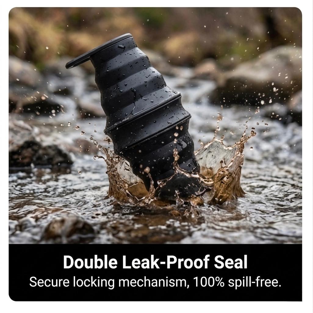 Ultra-Thin Foldable Silicone Sports Water Bottle  Portable for Outdoor Camping, Travel, Cycling, Fitness & Business Trips - Black
