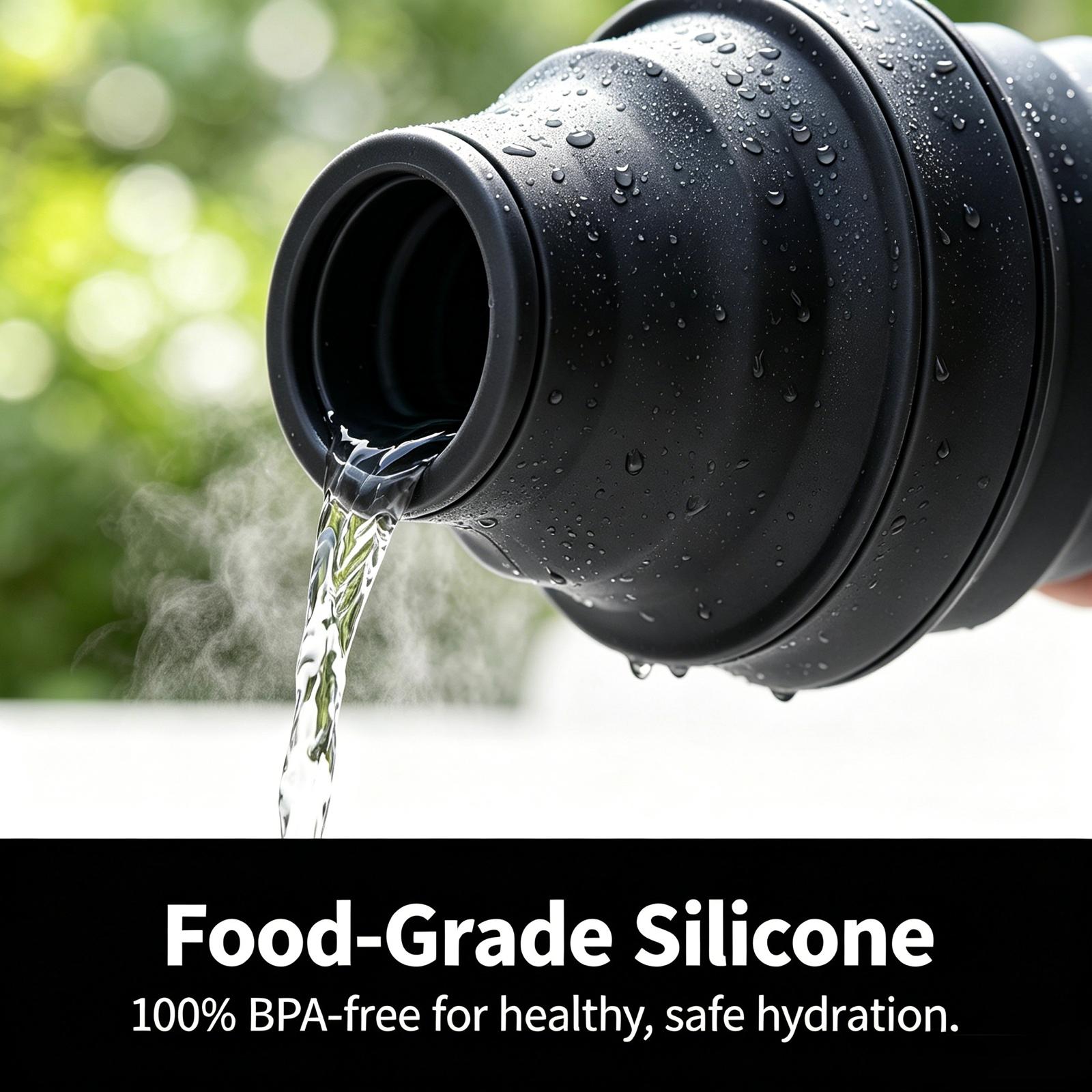 Ultra-Thin Foldable Silicone Sports Water Bottle  Portable for Outdoor Camping, Travel, Cycling, Fitness & Business Trips - Black